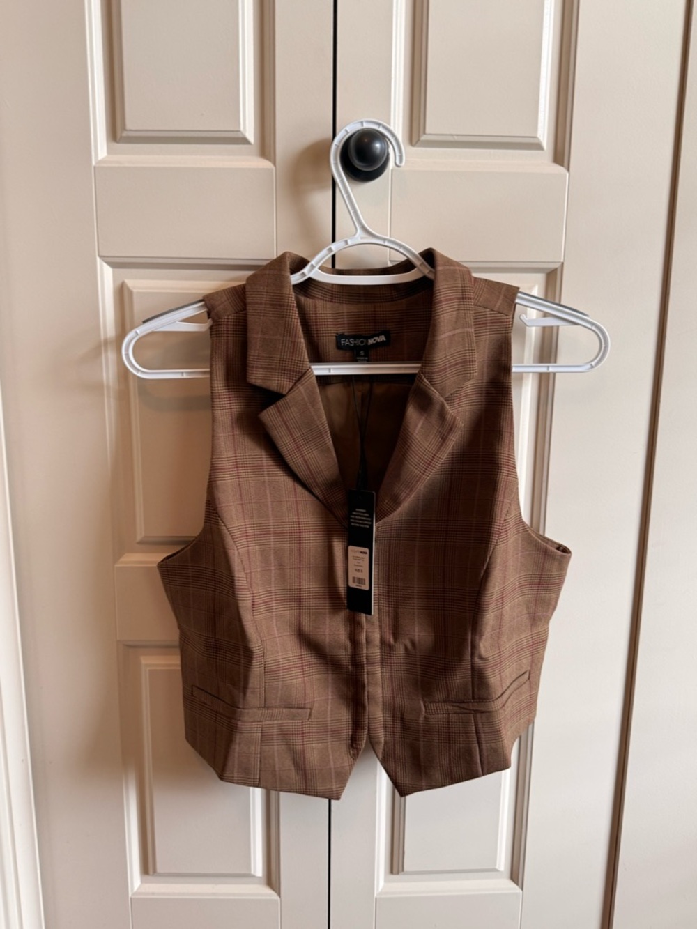Fashion Nova Tan Plaid Sleeveless Vest with Red Accents